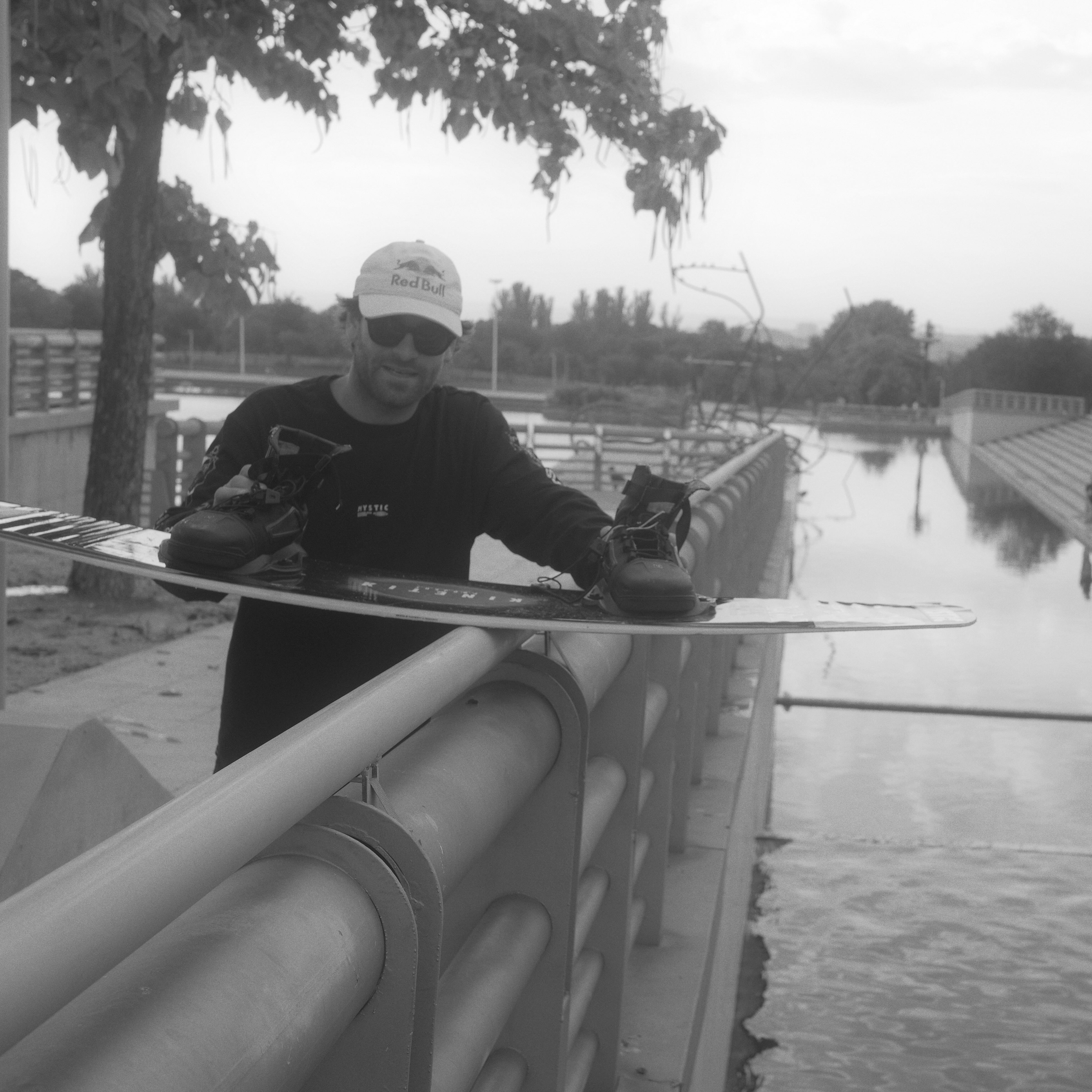 Crew checking a wakeboard setup on site